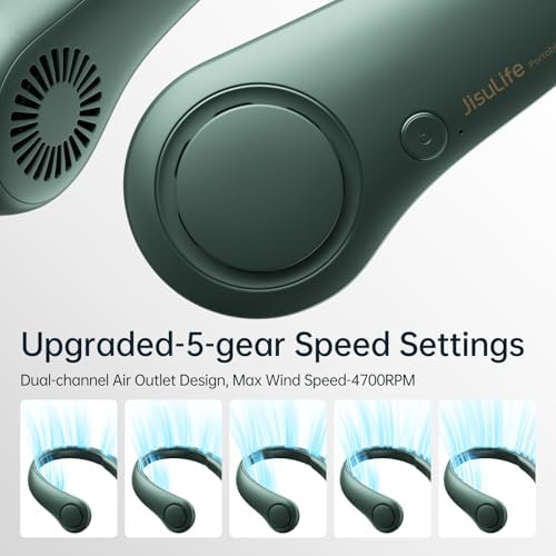 2. Bild von JISULIFE Tragbarer Nackenventilator, Hals-Ventilator ohne Flügel, 5 Geschwindigkeiten, 4000 mAh Batteriebetriebener tragbarer persönlicher Ventilator, Geschenk für Frauen und Männer - Dunkelgrün