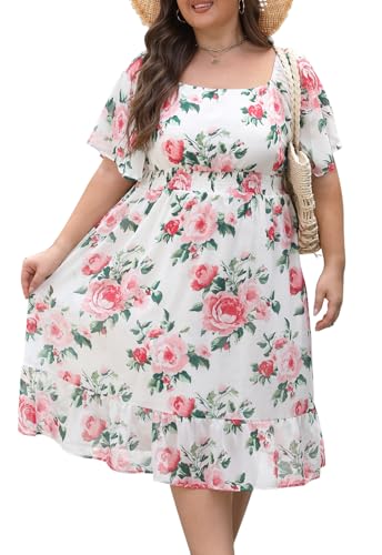 Image of Plus Size Chiffon Floral Dresses for Curvy Women Casual Summer A-Line Wedding Guest Party Dress with Smocked Waist