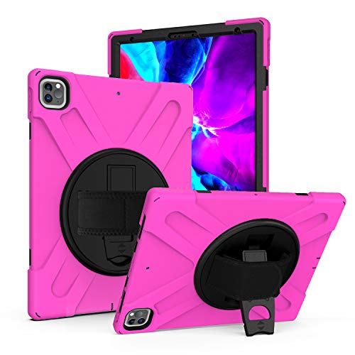 Best Quality 🔥 iPad Pro 12.9 2020 Case, KIQ Shockproof Heavy Duty Shield Durable Impact Drop-Protection, Kickstand, Handstrap, Case Cover for Apple iPad 12.9 (2020) [Hot Pink]