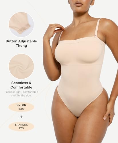 Image of SHAPELLX Strapless Shapewear Bodysuit for Women Tummy Control Thong Seamless Sculpt Body Shaper with Removable Straps