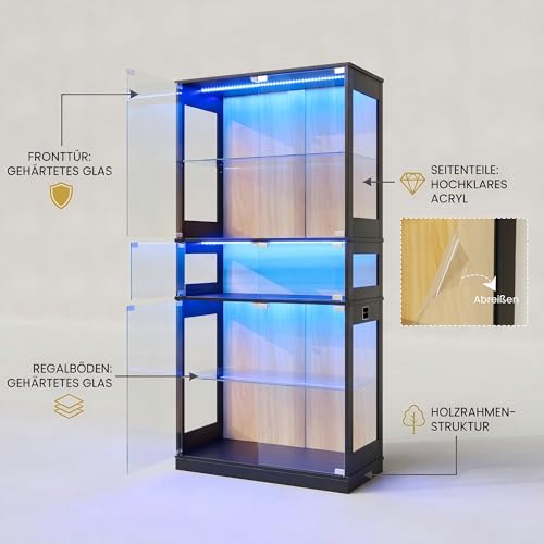 ZKIODV Glasvitrine mit LED Beleuchtung, 5-Lagen Vitrinenschrank Glas Stehend, Holz Vitrine mit Intelligente Sensorik, Sammlervitrine Staubdicht für Wohnzimmer Schlafzimmer Büro - 165x80 cm (Schwarz)