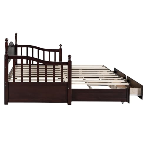Image of Merax Modern Wood Daybed with Pop Up Trundle Twin to King Extendable Sofa Bed Frame for Kids Teens Adults /No Box Spring Needed Espresso