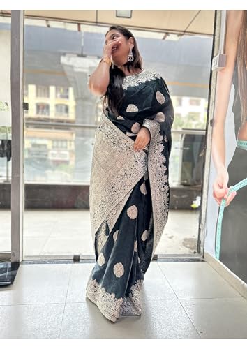 Image of Women's Banarasi Silk Georgette Saree Featuring Silver Sequin And Mirror Work