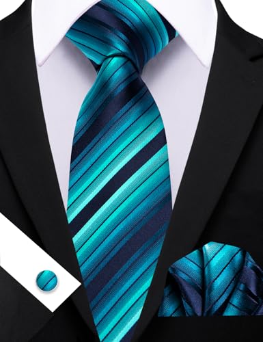 Image of Barry.Wang Man Stripe Ties Set Silk Woven Pocket Square Necktie Cufflinks Formal Party Business