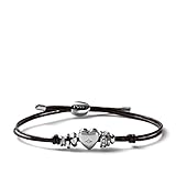 Pulsera de hilos marrón oscuro de piel con corazón y cuentas de acero inoxidable con acabado pulido brillante con glitz - Cierre de cordón ajustable