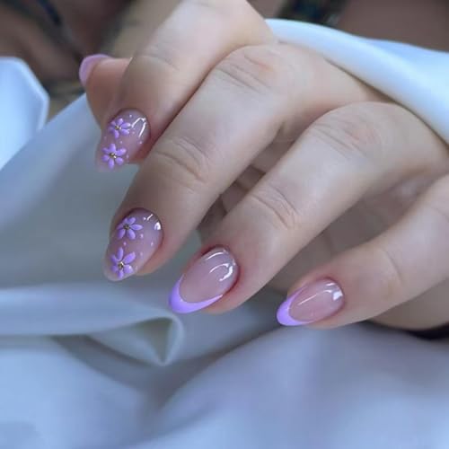 Purple French Tip Press on Nails Flower Fake Nails Short