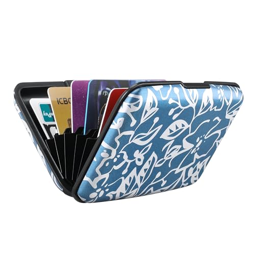Image of ELFISH RFID Blocking Credit Cards Holder Aluminum Wallet Metal ID Case for Men Women, Blue Printed Pattern