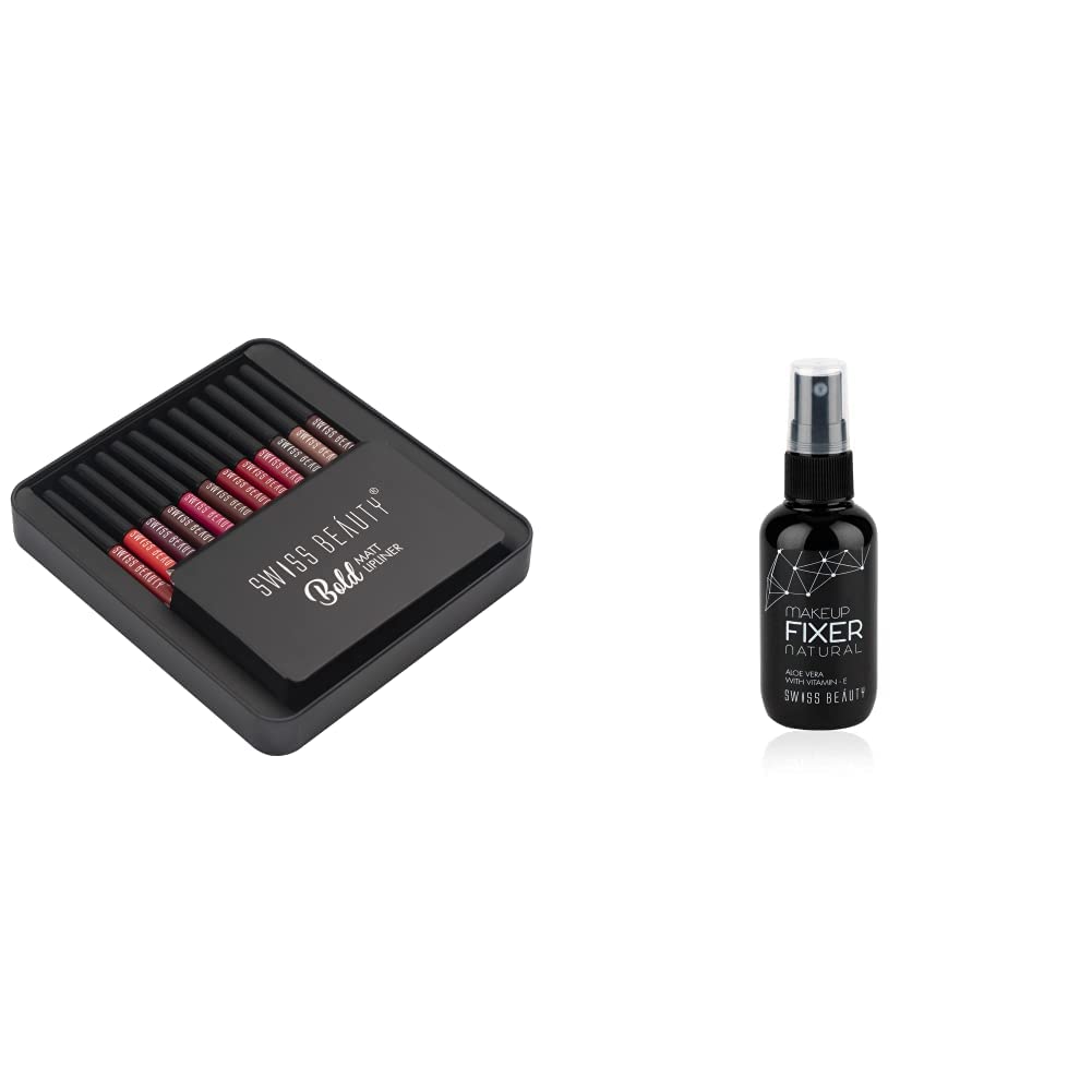 SWISS BEAUTY Bold Matte Lipliner Pencil, Multi Color, (1.8g x12) Pack Of 12 & MakeUp Fixer Natural Aloe Vera with Vitamin E, Face MakeUp, White, 50 ml