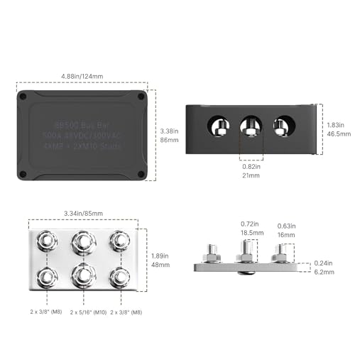 Bornier distribution électrique bateau 500A noir barre de bus marine 6 plots