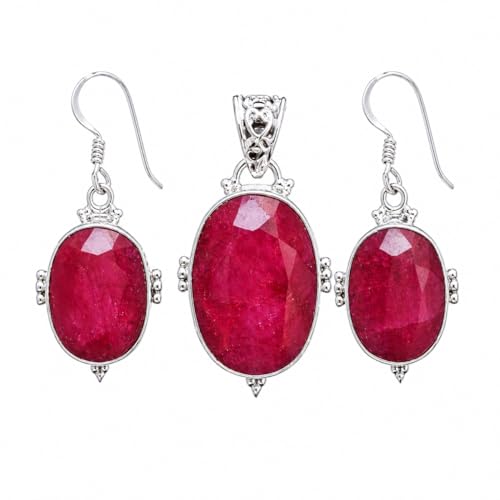 Joyas de rubí para bodas y San Valentín con pendientes y collar de plata de ley para mujer