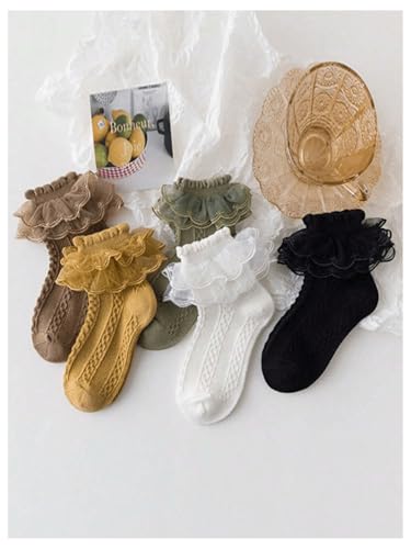 OYOANGLE Girl's 6 Pairs Lace Ruffle Trim Crew Socks Ankle High Textured Knit Cute Socks2