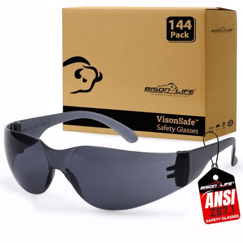 Image of BISON LIFE Black Safety Glasses for Men & Women, Bulk, ANSI Z87.1, 144 Pack