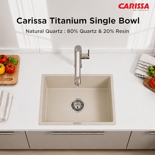 Image of Carissa By Carysil Titanium Quartz Kitchen Sink 18 x 16 x 8 inches, Single Bowl Granite Sink with 80% Quartz & 20% Resin, Heat Resistant 300C, 50kg Load Bearing, Stain Resistant - Off White