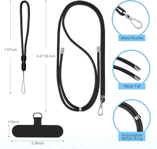 Image of takyu Cell Phone Lanyard, Crossbody Phone Lanyard 1 Pack Adjustable Neck Strap and 1 Pcs Phone Wrist Strap with 2x Phone Tether Patches for Most Smartphones-Black