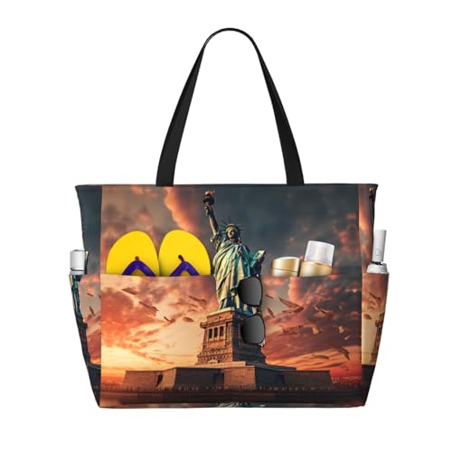 Statue Of Liberty In Nyc Extra Large Tote Bag For Women,Foldable Beach Bag With Pocket Weekender Travel Overnight Bag