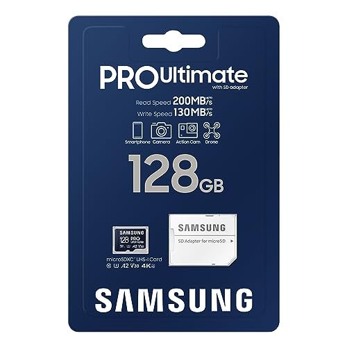 Image of SAMSUNG PRO Ultimate microSD Memory Card + Adapter, 128GB microSDXC, Up to 200 MB /s, 4K UHD, UHS-I, Class 10, U3,V30, A2 for GoPRO Action Cam, DJI Drone, Gaming, Phones, Tablets, MB-MY128SA /AM