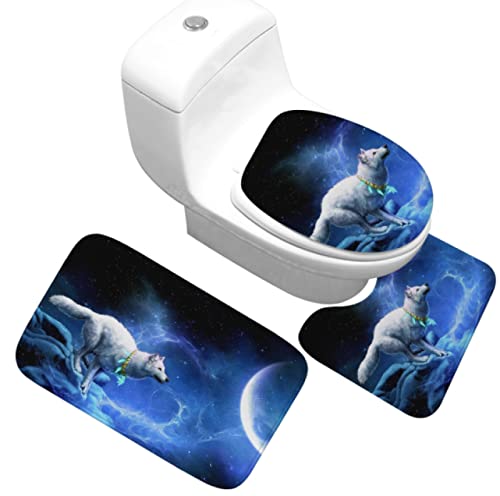 3 Teilig Badematte Set Weißer Wolfsmond 3D Badematten Set rutschfest, Badezimmerteppich,U-förmiger WC-Vorleger,WC…