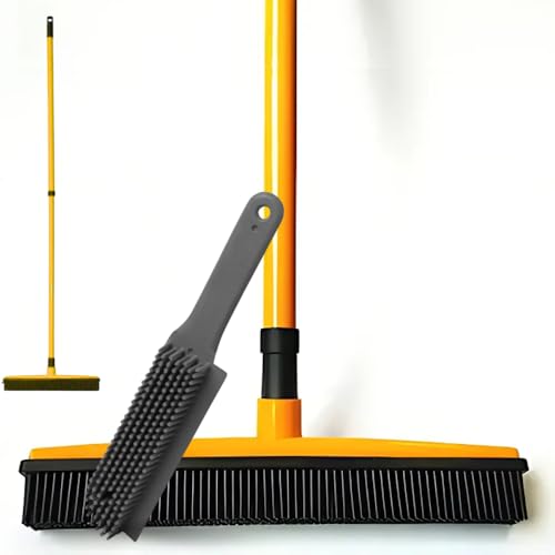 Rubber Broom and Pet Hair Brush Set, extend 122cm inches Handle Soft Rubber Push Broom, Fur Remover Broom with Squeegee, Pet Hair Removal Broom and Brush Use for Carpet, Cat Dog