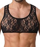 ABAFIP Men's Sissy Lace Muscle Tank Floral Crop Top Semi Transparent Sheer Mesh Vest Half Top Undershirt Black Large