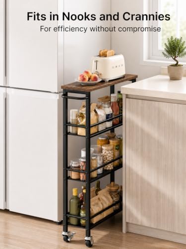 Pipishell Slim Storage Cart with Wheels - 4 Tier Rolling Kitchen Storage Cart with Handle and Wood Top, Metal Slim Bathroom Cart for Laundry Room, Bathroom, Kitchen, Narrow Space, Black & Rustic Brown - image 2