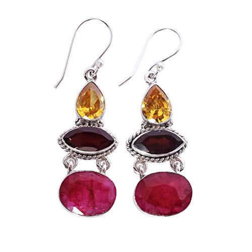 Boucles d'oreilles argent 925 faites à la main ornées de rubis et grenat précieux