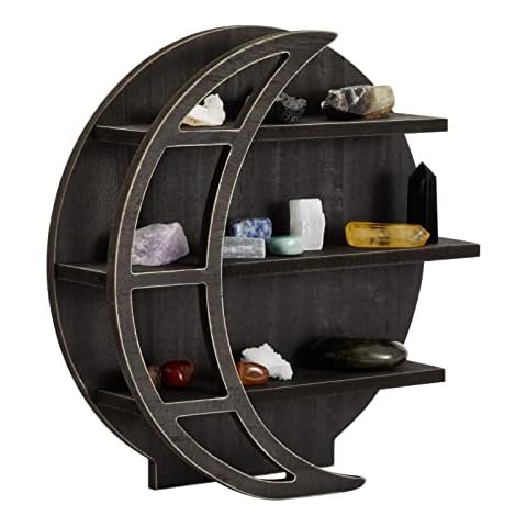 Farmlyn Creek Wooden Moon Shelf, Rustic-Style Home Wall Decor, 12x12x3-Inch Crystal Holder for Stone Display & Essential Oils - Moon Crystal Shelf - Crystal Display Stand - Black Crystal Display Shelf Cover
