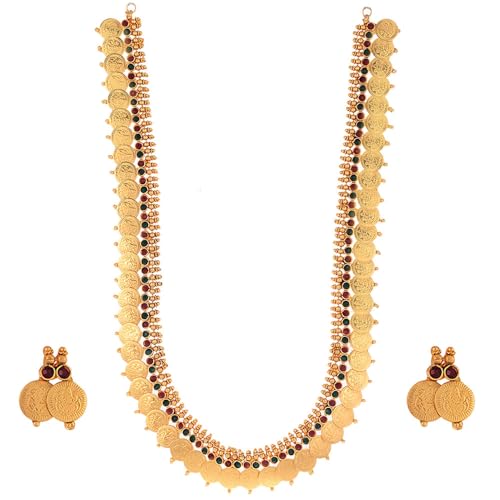 Image of ZENEME Jewellery Set Gold Plated Long Traditional Maharani Beads Studded Temple Coin Necklace Set with Earrings Jewellery For Women & Girls