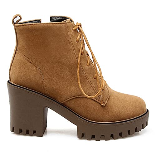 VOKLIN Women's Round Toe Platform Dressy Ankle Boots Lace Up Chunky Block High Heels Dressy Short Booties2