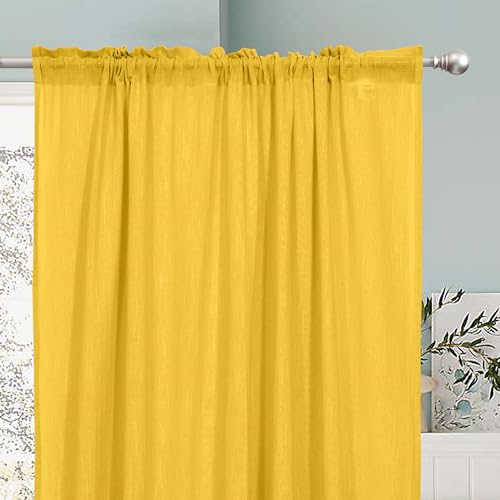 Image of THE LINEN COMPANY Cotton Linen Solid Sheer Rod Pocket Door Curtains - Light Filtering Transparent Drapes for Door & Balcony, Lemon, 7 Feet, Pack of 1