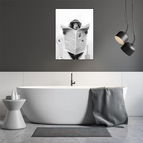 Cute Newspaper Animal Wall Art Black and White Canvas Printed Cabin Bathroom Decoration Bath Wall Picture Frameless Monkey 1 Piece 60 x 90 cm - Image 4
