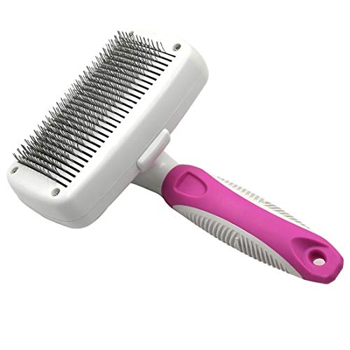 JOYPAWS Self Cleaning Slicker Brush for Dogs and Cats - Easy to Clean Pet Grooming Brush Remove Mats, Tangles - Loose Hair with Comfort - Suitable for Long / Short Hair - Medium / Large Dogs, Pink