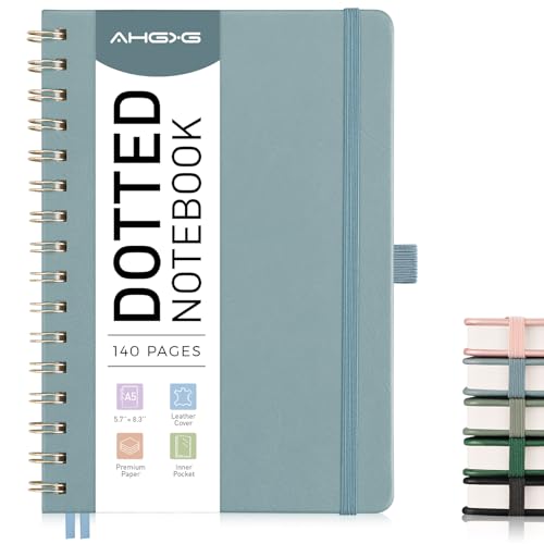 AHGXG Bullet Dotted Journal Spiral Notebook, Hardcover Leather Dotted Notebook
