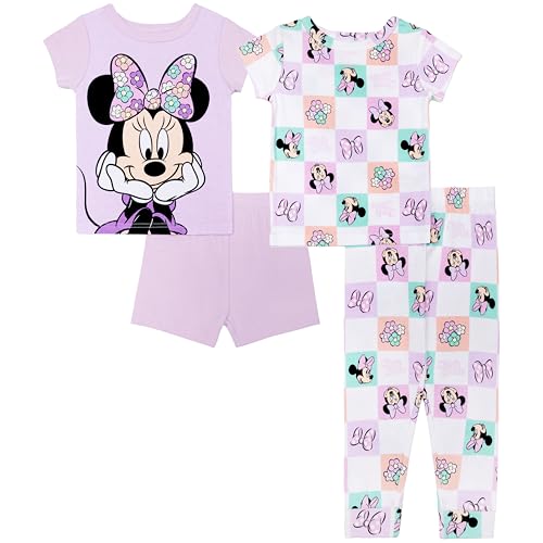 Disney Girls 4-Piece Snug-fit Cotton Matching Pajama Set Short-Sleeve Soft & Cute for Kids MINNIE FLOWER CHECKER 2T