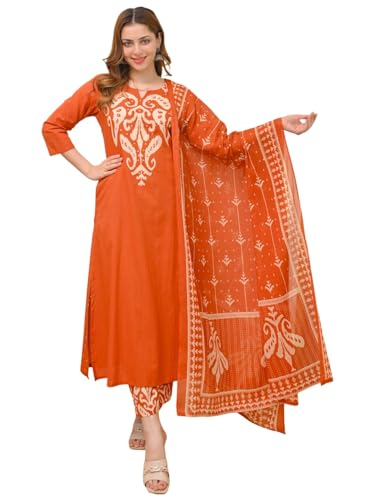 Image of GoSriKi Kurta Sets for Women Viscose Printed | Kurta Pant Dupatta Set | Straight Kurti Set for Women | Round Neck V-Slit 3 /4 Sleeve Ethnic Suit | Designer Indian Kurti Outfit with Pants