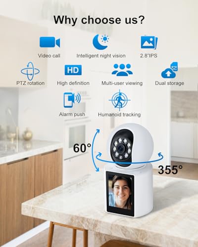 Image of Video Calling Indoor WiFi Camera with 2.8-Inch IPS Screen, 2K Two-Way Baby /Elder /Dog /Pet Camera with Phone App, Human /Sound /Crying Detection, One-Button Call, Color IR Night Vision