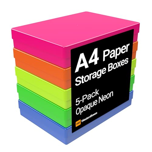 WestonBoxes A4 Colourful Transparent Plastic Craft Storage Boxes with Lids for Art Supplies, Paper and Card (NEON Mix/Opaque, Pack of 5)