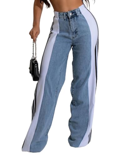 Women's Wide Leg Jeans High Waisted Stretch Patchwork Color Block Stripes Loose Straight Baggy Denim Pants