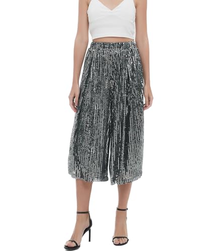 Aelidiya Women's Glitter Sequin Wide Leg Loose Pants Capri Pants Sequin Dress Pants Culotte