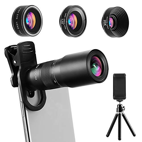 Phone Camera Lens, CESCOM 9 in 1 Cell Phone Camera Lens Kits, 25X Telephoto Zoom Lens, 20X Macro Lens, 120° Wide Angle Lens, 198° Fisheye Lens for iPhone 11 Pro/X/XR/XS Max/8+/7, Google and Android.