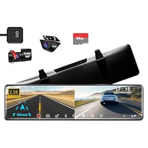 12″ 2.5K Rear View Mirror Camera,Smart Full Touch Screen Mirror Dash Cam Front and Rear,Backup Camera with 1080P Rear Camera,Support Split Screen,Parking Monitor,Reverse Assist,Free 64GB Card&GPS