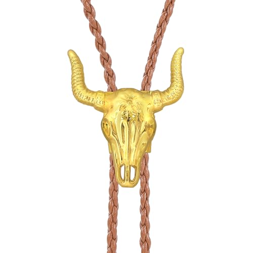 Image of GelConnie Longhorn Bull Bolo Tie for Men Native American Western Cowboy Leather Necktie Bolo Necklace for Women Gold Texas