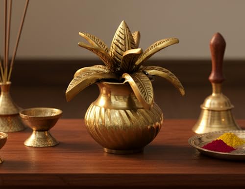 Image of eSplanade Brass Kalash Kalasha with Coconut Shriphal Leaves for Temple Attire - Decorative Items - Home Decor - Golden - 4.5 inch Inches
