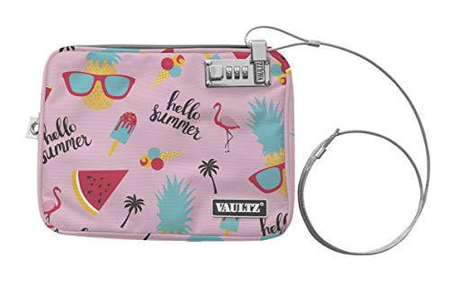 Vaultz Money Bag with Lock - Water-Resistant Combination Locking Pouch w/Tether for Cash, Pool, Beach, Bank, or Travel - 7.5 x 9 Inches, Medium, Hello Summer