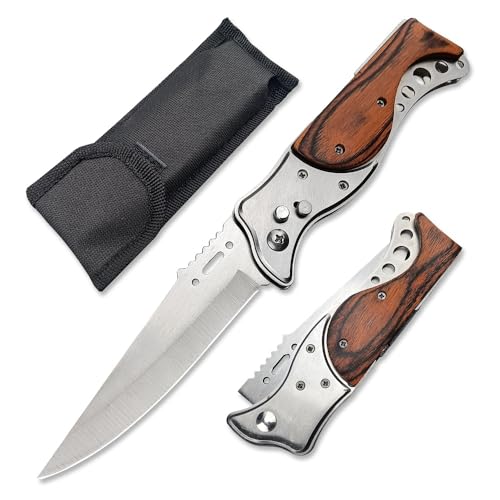 9.5" Folding Knives With Flashlight,Wood Handle Pocket Knife,Outdoor Camping Hiking Fishing Knife Men's Collection Gifts