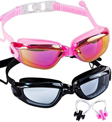 SBORTI 2 Pack Adult Swimming Goggles,No Leaking,Anti Fog,UV Protection Swim Glasses for Men Women Water Goggles (Black and Pink)