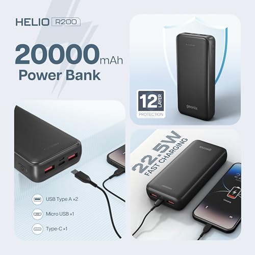 Geonix Helio R200 | 22.5W Power Bank with 20000mAh Battery, 22.5W Fast Charging | 12-Layer Smart IC Protection | Triple Output & Dual Input, 1 Year Warranty, Black view 2