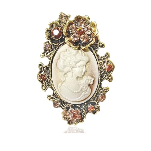 Victorian Vintage Beauty Lady Portrait Brooch Pins with Crystal Rhinestones, Retro Gold Tone Brooches for Women Fashion Jewelry (Vintage/Flower)