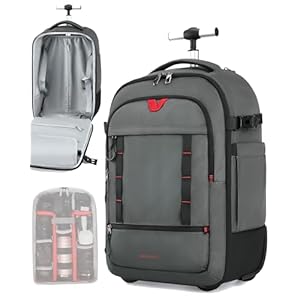 BAGSMART Rolling Camera Bag for DSLRs, Professional Large Camera Backpacks for Travelling Photographers, Photographic Rolling Case & Travel Suitcase, Grey