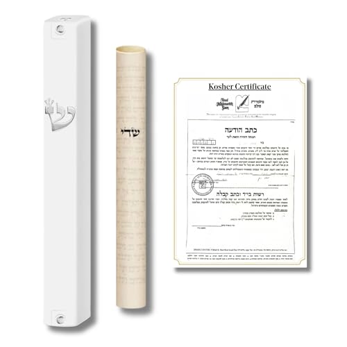 SURI Mezuzah with Kosher Scroll for Door | Certified 4-Inch Hand-Written Kosher Scroll by a Certified Jewish Rabbi (Sofer Stam) and Elegant White 5-Inch Mezuzah Case | Made in Israel