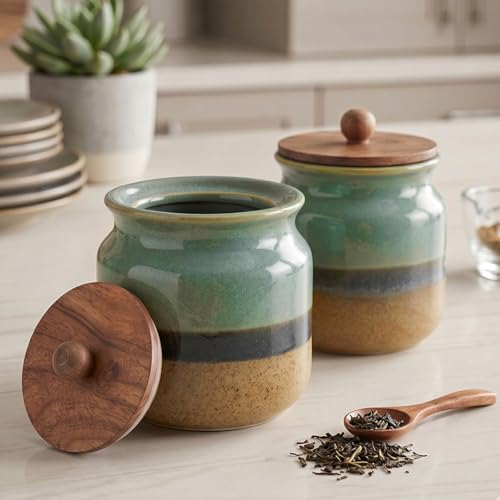 Image of The Earth Store Rustic Green Ceramic Jar Set of 2, 800ML Airtight Kitchen Storage Containers | Ceramic Jars for Spices, Sugar & Pickle Storage | Multipurpose Food Storage Containers for Kitchen